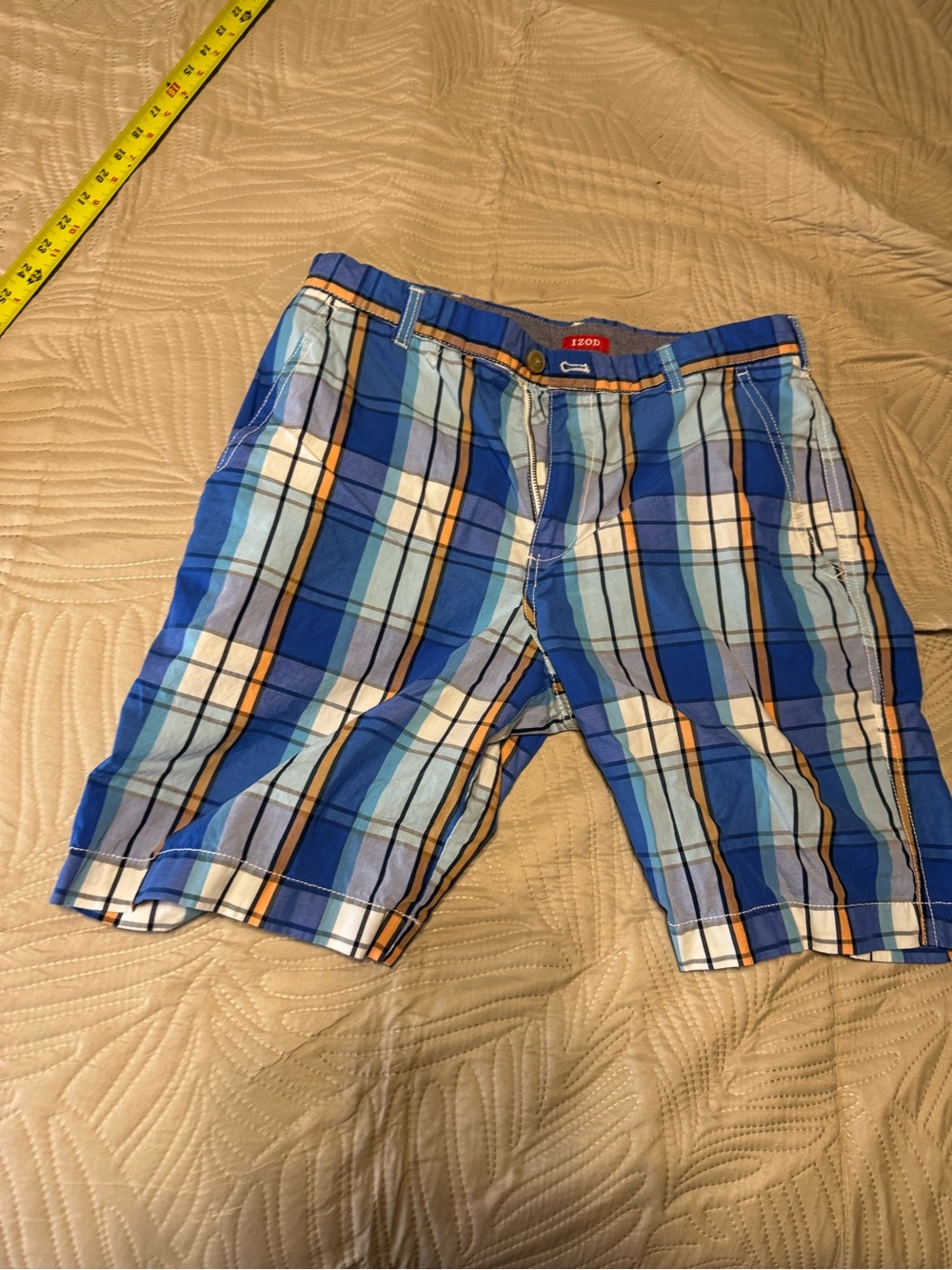 Izod Men's Blue and White Plaid Shorts with Orange Accents Sz 32